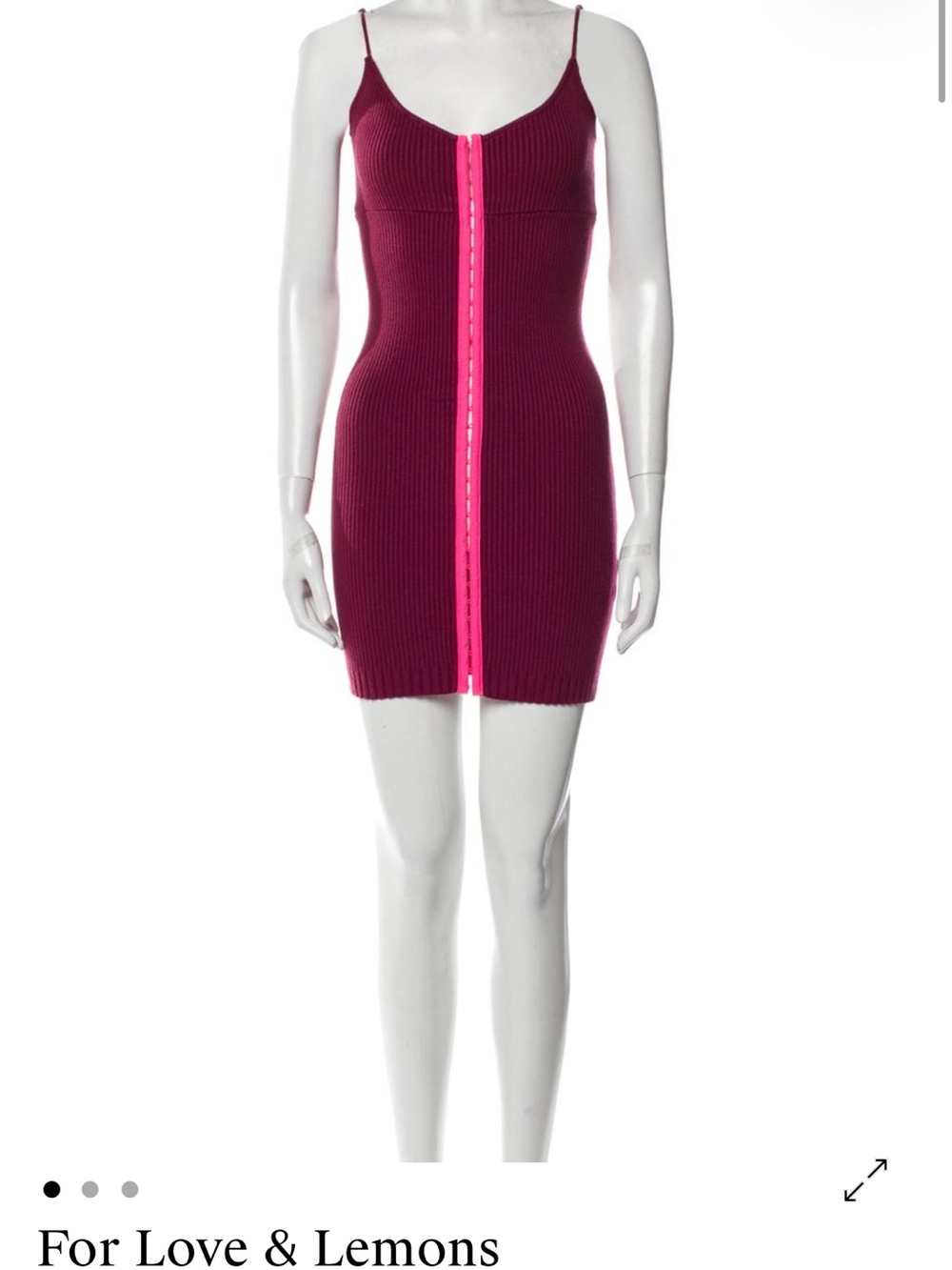 For Love And Lemons Berry Ribbed Zip-Front Mini Dress with Neon Pink Zip
